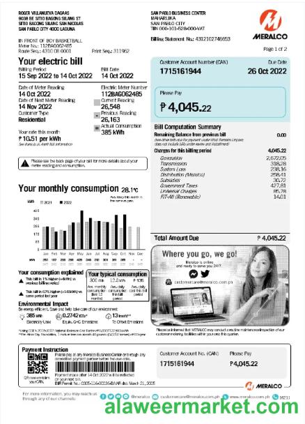 PHILIPPINES MERALCO utility bill Word and PDF template